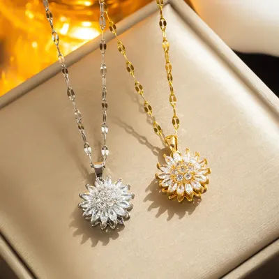 Rotatable Sunflower Necklaces For Women 2024 Fashion Jewelry Accessories Chain Choker