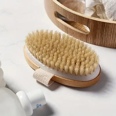Pig bristle brush, massage and scrubbing brush, handheld body brush, circular shower brush, and wooden shower brush
