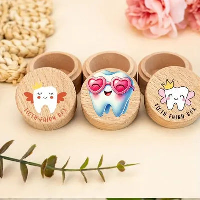 Tooth Fairy Tooth Box, Wooden Round Keepsake Holder for Boys and Girls, Baby First Tooth Memory Case