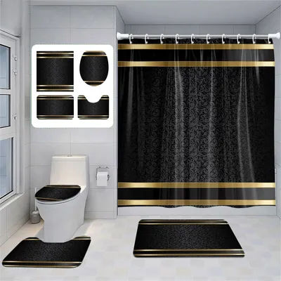 Luxury Black & Gold Bathroom Set - Elegant Shower Curtain, Non-Slip Bath Mats & Toilet Cover, Modern Decor (4-Piece)