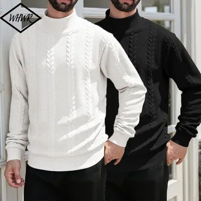 Printemps automne hommes pull couleur unie col haut torsion tricots pull hommes coupe ajustée chaud pulls hauts Streetwear