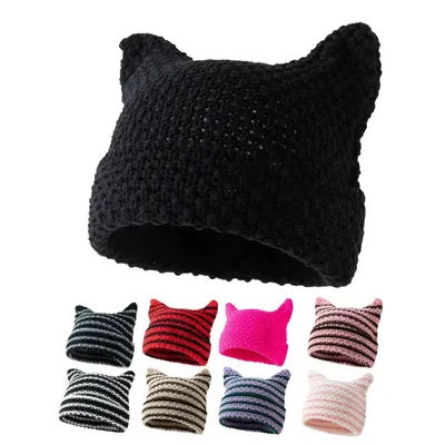 Bonnet tricoté à rayures fait main Y2K avec oreilles de chat, bonnet d'hiver chaud pour homme et femme, bonnet au crochet Kawaii de créateur