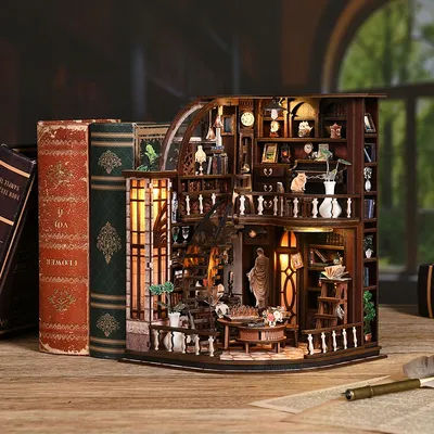 Vintage Book Nook Kit DIY Miniature Bookshelf Insert with LED Light 3D Wooden Puzzle Dollhouse of Furniture Decor Creative Gifts