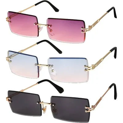 3 paires de lunettes de mode rectangulaires sans monture pour hommes et femmes, lunettes à monture métallique et verres rectangulaires