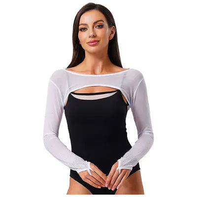 Femmes Ballet haussement d'épaules maille strass à manches longues paillettes pull Anti accroc culture hauts gymnastique moderne danse couverture hauts