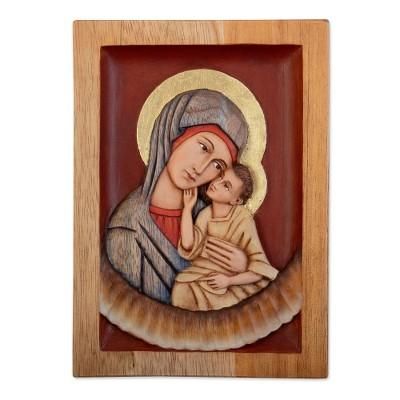 Virgin of Caresses,'Religious Cedar Relief Panel Wall Art'