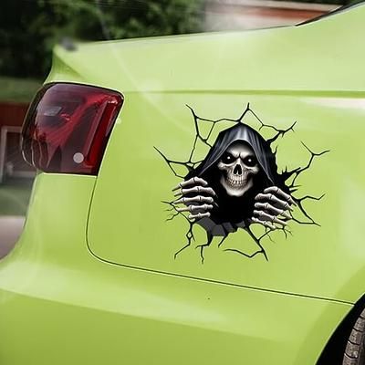2 adesivi 3D per auto con mietitore - spaventosa decorazione esterna per auto con teschio scheletrico - adesivi per auto spettrali e impermeabili per Halloween, per SUV, camion, carrozzeria,