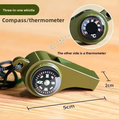 Army Green 3-in-1 Camping Hiking Emergency Survival Whistle with Compass Thermometer Outdoor Camping Tools
