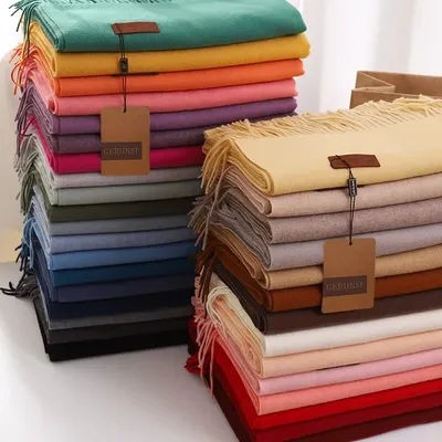 Écharpe en cachemire pour femme, châle Pashmina épais et chaud, enveloppe de couleur unie avec pompon, couverture pour dame, Bufanda, Hijab, hiver 2024
