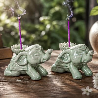 'Whimsical Green Elephant-Themed Ceramic Incense Holder Pair'