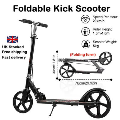 Foldable Kick Scooter 2-Wheel Portable Commuter Scooters with Adjustable Handle Height, Black Frame, Rear Brake, and Suspension 20km/h Speed for Adults, Boys & Girls Kids Ages 6-12