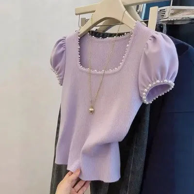Haut en tricot à col carré et manches bouffantes avec garniture en perles pour femme – Style élégant et ajusté pour l'été