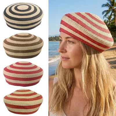 Chapeau de soleil d'été rayé à nœud rond pour femme, casquette de plage légère et respirante, chapeau d'extérieur rétro de style français pour les vacances