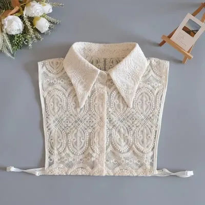 Col Amovible en Dentelle Tendance pour Femme, Faux Col Brodé avec Perles, Demi-Haut Lolita Amovible