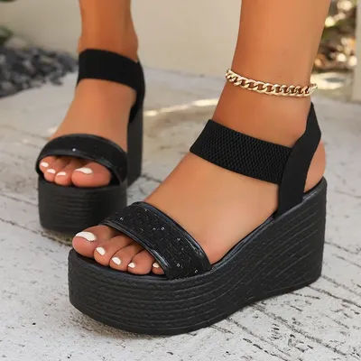 Sandales compensées d'été pour femmes, à bride unique, décontractées, à bout ouvert, à plateforme et à talon haut, tendance