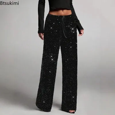 Pantalon large à sequins scintillants pour femme, pantalon taille haute à sequins, pantalon noir à motif sequin
