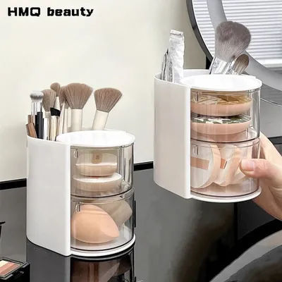 2-in-1 Rotatable Makeup Brushes Storage Multi Layer Dust Proof Rotary Storage Lipstick Makeup Cotton Powder Puff Storage Rack