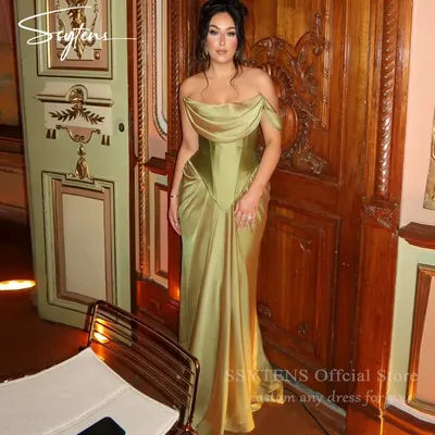 SSYTENS vert Satin sirène robes de soirée sans bretelles une épaule plissée robes de bal saoudien arabe formelle robes de bal Customiz
