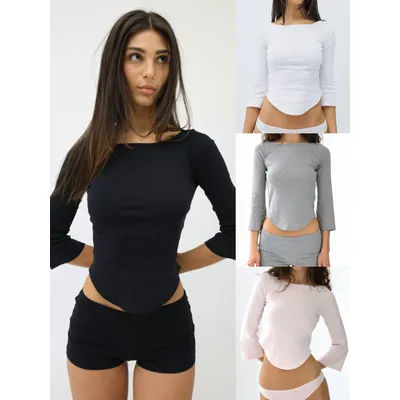 T-shirt à manches trois-quarts noir à col rond pour l'automne, avec ourlet en V, haut gris décontracté et tendance, haut blanc en dentelle D