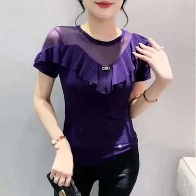 7037 noir vert violet maille T-shirt femmes fendu Joint volants maigre T-shirt femme à manches courtes Sexy Perspective T-shirt court