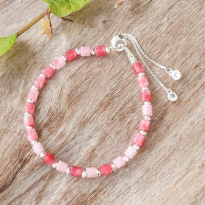 'Pink Quartz Beaded Bracelet with Silver-Plated Glass Charms'