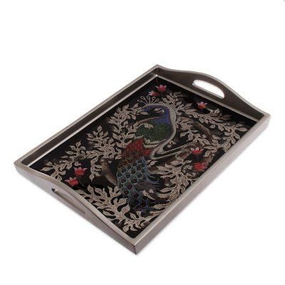 'Reverse-Painted Glass Peacock Tray in Silver (17 in.)'