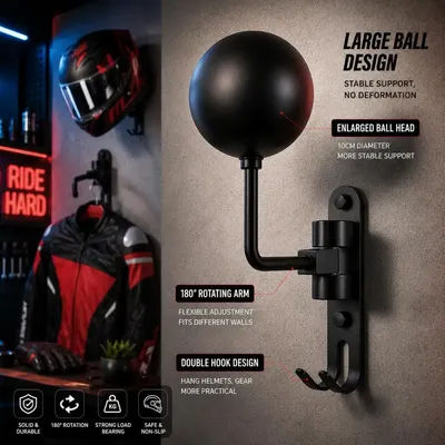2-in-1 Helmet Wall Mount Rack 180° Swivel Aluminum Helmet Holder with Hook for Motorcycle/Bicycle Helmet Coats & Caps Display