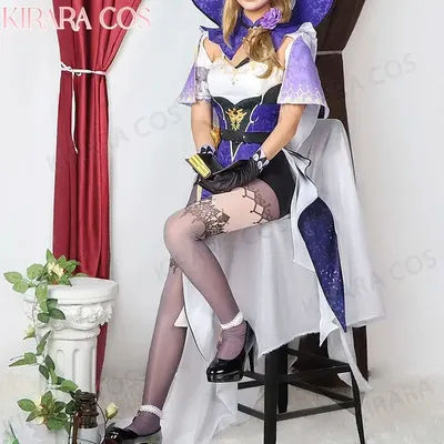 x;3,r'b\7/ Costume Wig Purple Dress with Hat Genshin Impact Lisa Cosplay Women Costumes GT03402026;n,9\j/5'k