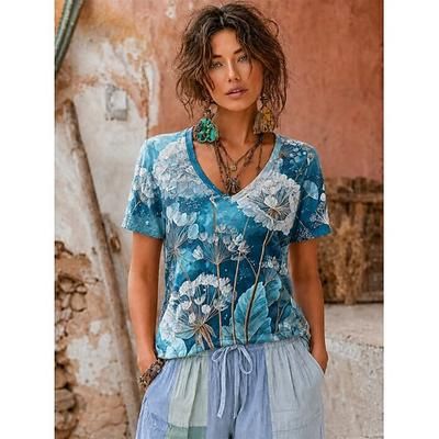 Per donna Maglietta Stampato Floreale Grafico Piante Moda Elegante Classico Manica Corta Scollo a V Top lunghi Casuale Quotidiano Sportivo Blu Bianco Verde acqua Giallo Estate Primavera