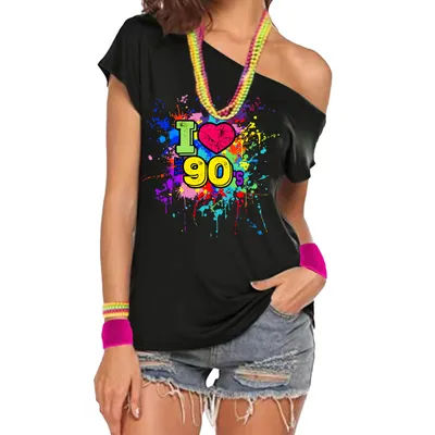 90s Costume Outfit for Woman Love off the Shoulder T Shirts Novelty Neon Top Clothes for Costume