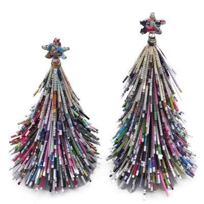 News Tree,'Handmade Recycled Paper Christmas Tree Figurines (Pair)'