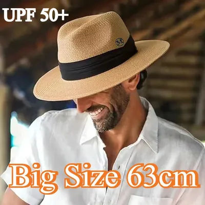 Grand Chapeau de Paille Panama Jazz XL 63cm pour Voyage, Chapeau de Soleil d'Été pour Femmes et Hommes, Chapeau de Plage Fedora à Large Bord Anti-UV UPF 50+