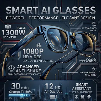 Lunettes Intelligentes avec Caméra HD 13MP, Vidéo 1080P, Anti-tremblement, Traduction en Temps Réel, Appel Bluetooth, Reconnaissance Photo, Lunettes de Soleil Sportives, Nouveauté 2026