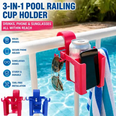 Poolside Drink Holder with Phone & Sunglass Hooks 3-in-1 Pool Railing Cup Holder for Above-Ground Pools Drinks Cup