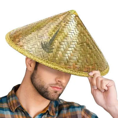 1PC Chapeau de pêcheur en paille tressé à la main pour hommes et femmes, style chinois en bambou, unisexe pour adulte, conique, pare-soleil, pour cosplay
