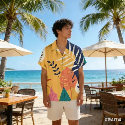 Chemise Hawaïenne Homme Nouvelle Collection Imprimé Abstrait Plantes et Cocotiers Manches Courtes Décontractée pour Vacances à la Plage Boutonnée