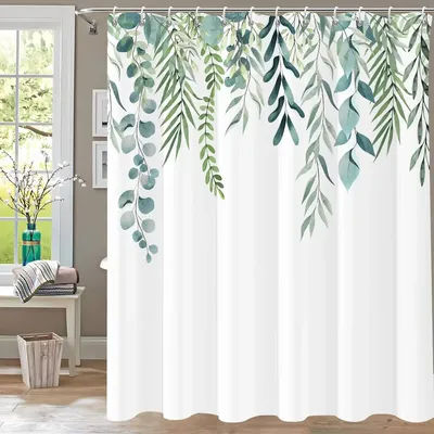 Bathroom Fabric Shower Curtain Waterproof Green Washable Watercolor Leaf Top Plant Bathroom Shower Curtain with Flowers