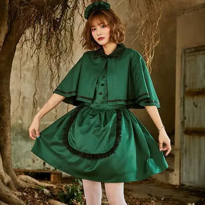 Robe Lolita de demoiselle d'honneur d'halloween, robe courte en dentelle verte, ensemble châle, Costumes de spectacle sur scène de fête de carnaval, robes fantaisie Sexy pour femmes
