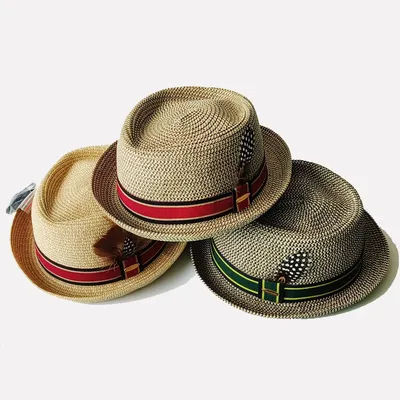 Chapeau Trilby en paille pour homme avec plume, Fedora d'été en paille, Chapeau de soleil britannique à bord court pour la plage, Chapeau Panama en paille tressé à la main, Casquette de voyage cubaine