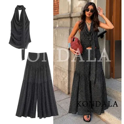 KONDALA Ensemble pantalon et haut pour femme, tendance, décontracté, à pois, été 2026, élégant, style urbain, pour les vacances, comprenant un haut dos nu et un pantalon large