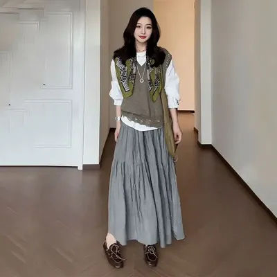 Jupe longue vintage décontractée taille haute évasée à volants pour femme