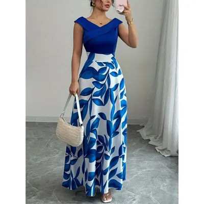 Robe de vacances élégante à imprimé sans manches et taille haute, robe maxi décontractée tendance pour l'été pour femmes