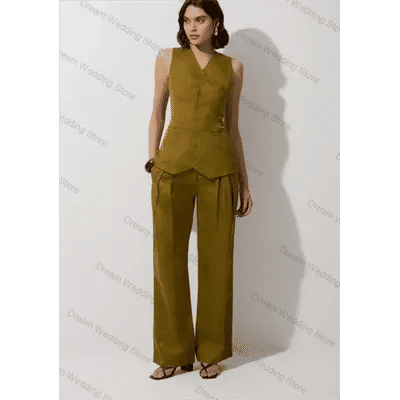 Ensemble de costume vert armée pour femmes, 2 pièces, gilet + pantalon, veste formelle sans manches pour bureau, manteau de bal de mariage d'été personnalisé
