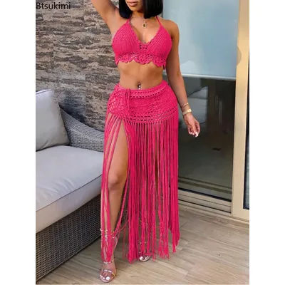 Nouveaux ensembles de maillots de bain deux pièces pour femmes, style plage, hauts de bikini tricotés, jupes longues à franges taille haute, ensembles de bikinis sexy pour femmes
