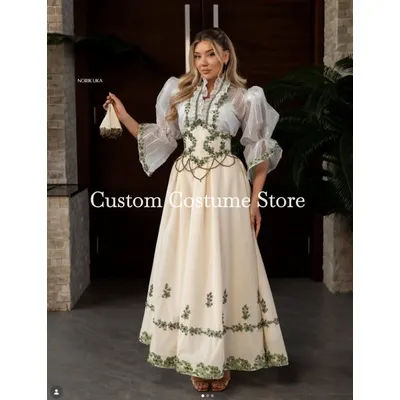 Robes de bal albanaises blanches à manches longues avec appliques perlées vertes, robe de soirée traditionnelle du Kosovo pour invitées, personnalisable