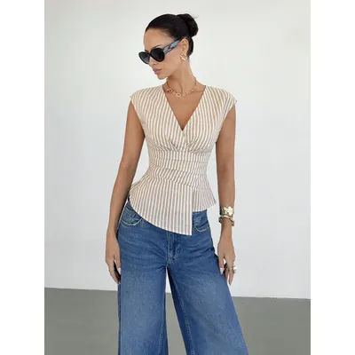 Haut asymétrique élégant à rayures et col en V sans manches pour femme – Vêtement d'été décontracté et tendance