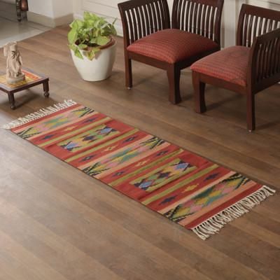 'Colorful Geometric Hand-Woven Fringed 2x6 Cotton Dhurrie Rug'