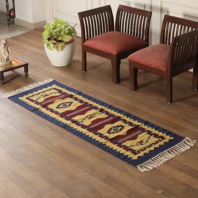 Desert Heritage Medallion,'2x6 Cotton Dhurrie Runner Inspired by Tribal Textiles'