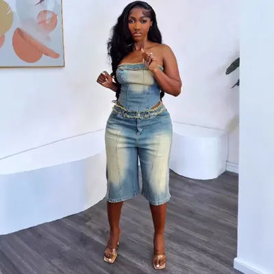Ensemble en jean pour femmes européennes et américaines : mode féminine transfrontalière Amazon avec haut bustier à bords effilochés et jean taille haute