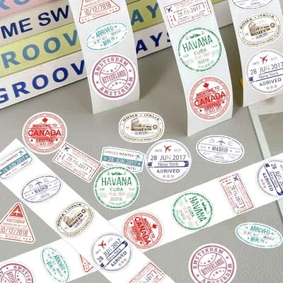 500PCS/Roll Classic Retro Colorful Passport Postmark Stamp Sealing Sticker 10 Different Pattern Decorations Scrapbook Phone
